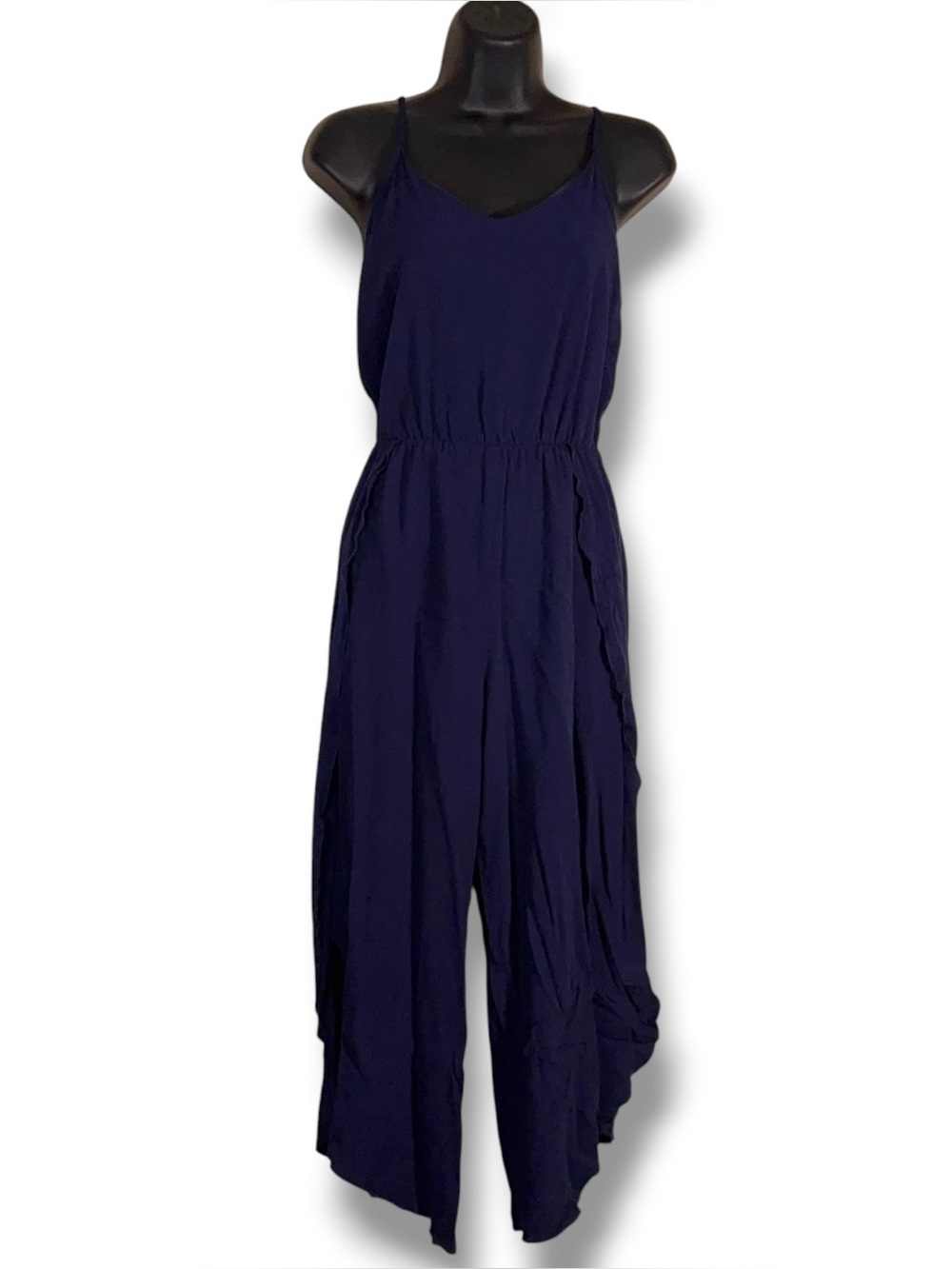 Medium Elings Navy Blue Sleeveless Jumpsuit Vneck Flowy Wide Leg Viscose